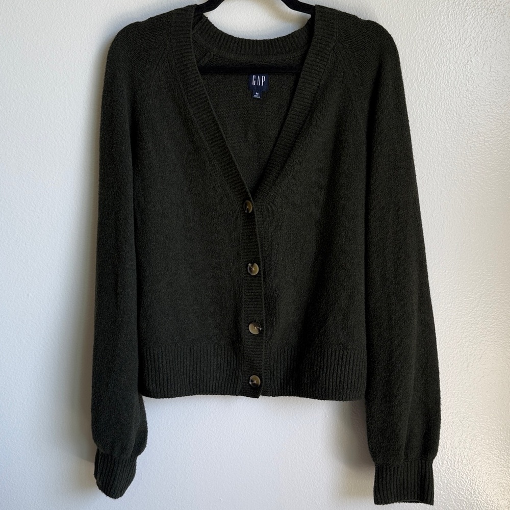 Gap Dark Green Button-Up Cardigan Sweater, V-Neck, Rib Trim, Size Medium